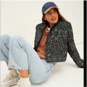 Free People Jacquard Tapestry Frayed Raw Hem Green Jacket